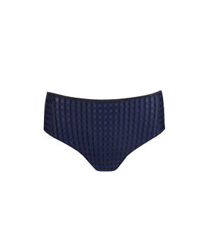 Navy blue high-waisted full brief  panties with a textured pattern on a white background.